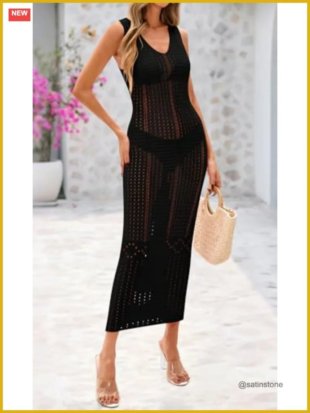 Crochet Swimsuit Coverup Sleeveless V-Neck Maxi Beach Vacation Cover Up